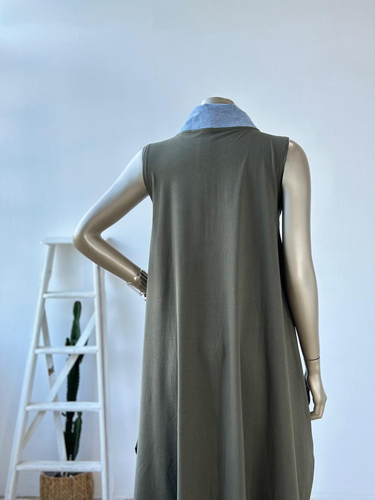 Tasarım Denim Cep Detaylı Elbise (Haki)