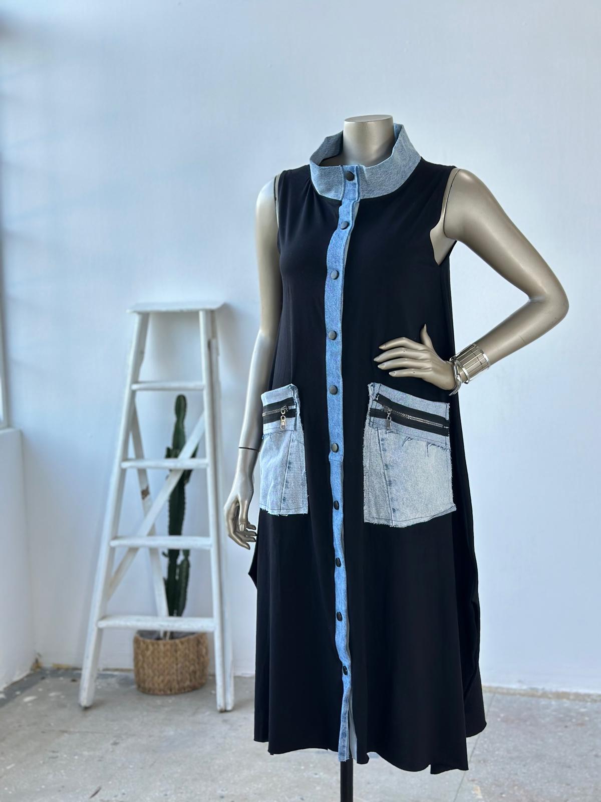 Tasarım DEnim Cep Detaylı Elbise (Siyah)