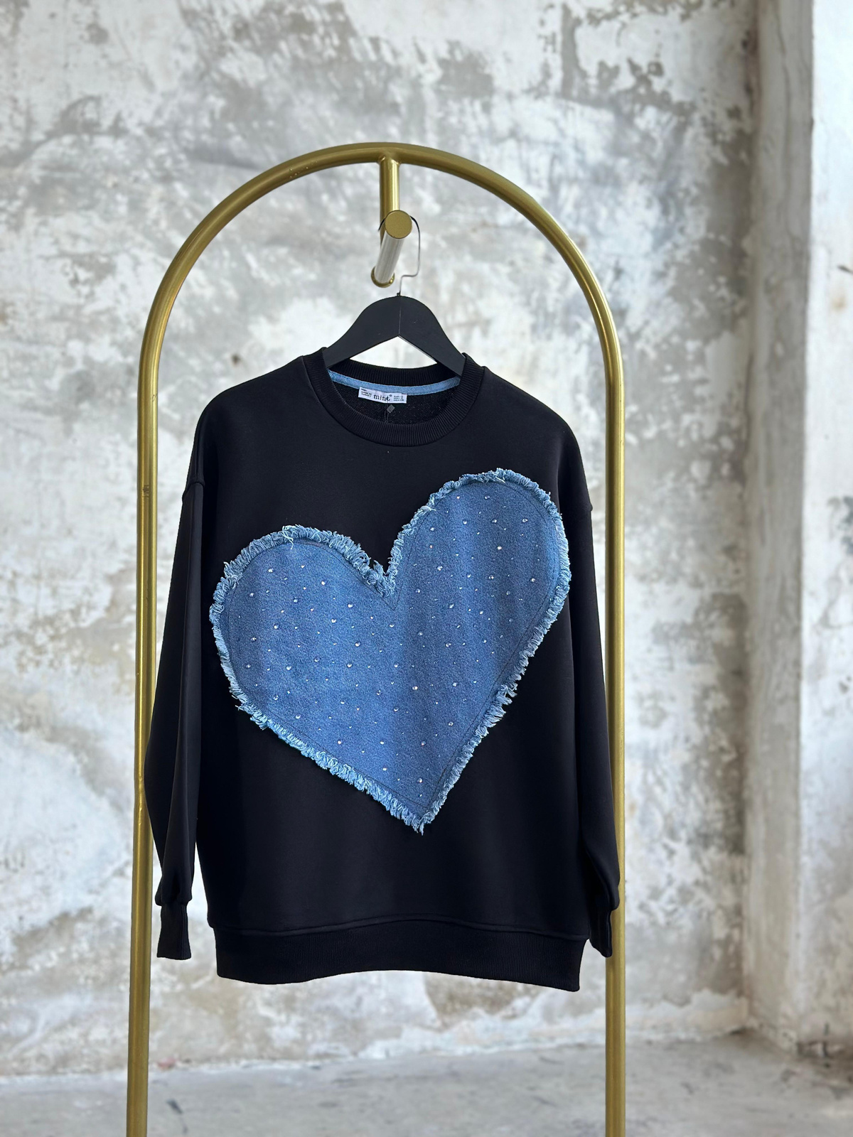 Tasarım Denim Kalp Detay Ve Taş İşçilikli Sweat (Siyah)
