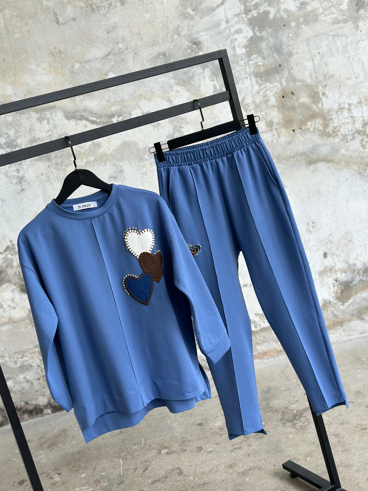 Tasarım Denim Kalp ve Taş İşçilikli Takım (Mavi)