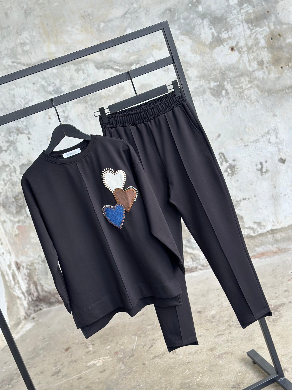 Tasarım Denim Kalp ve Taş İşçilikli Takım (Siyah)