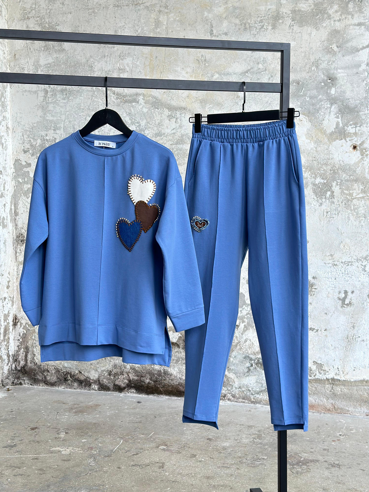 Tasarım Denim Kalp ve Taş İşçilikli Takım (Mavi)
