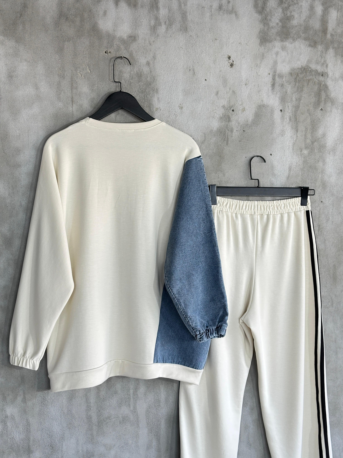 Tasarım Denim Kot Detay İnci Taş İşçilikli Takım (Beyaz) 