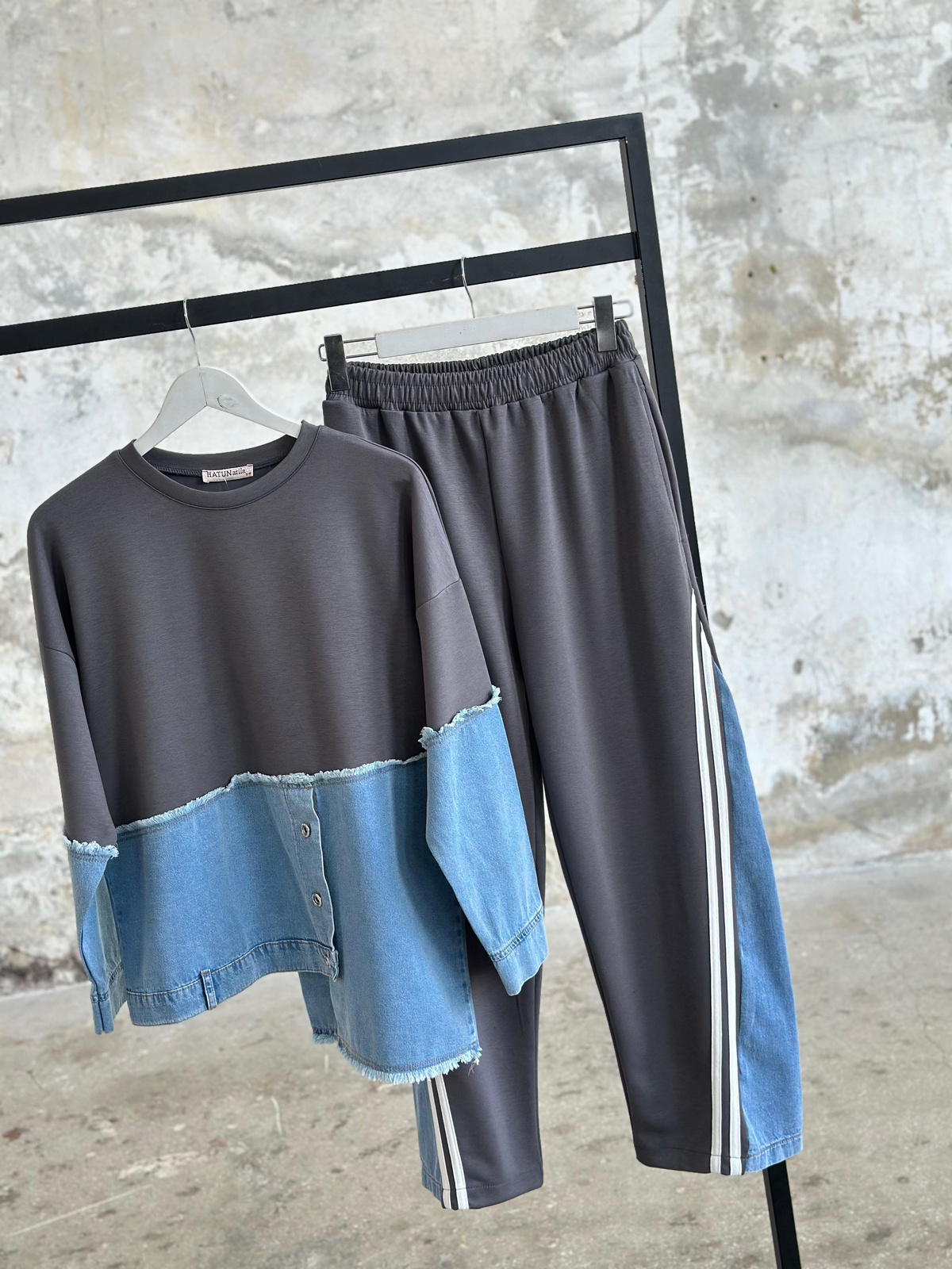 Tasarım Denim Kot Şerit Detaylı Takım (Antrasit)