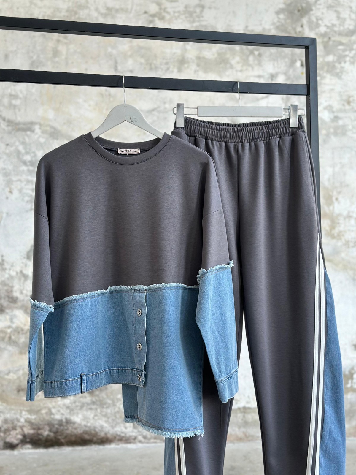 Tasarım Denim Kot Şerit Detaylı Takım (Antrasit)