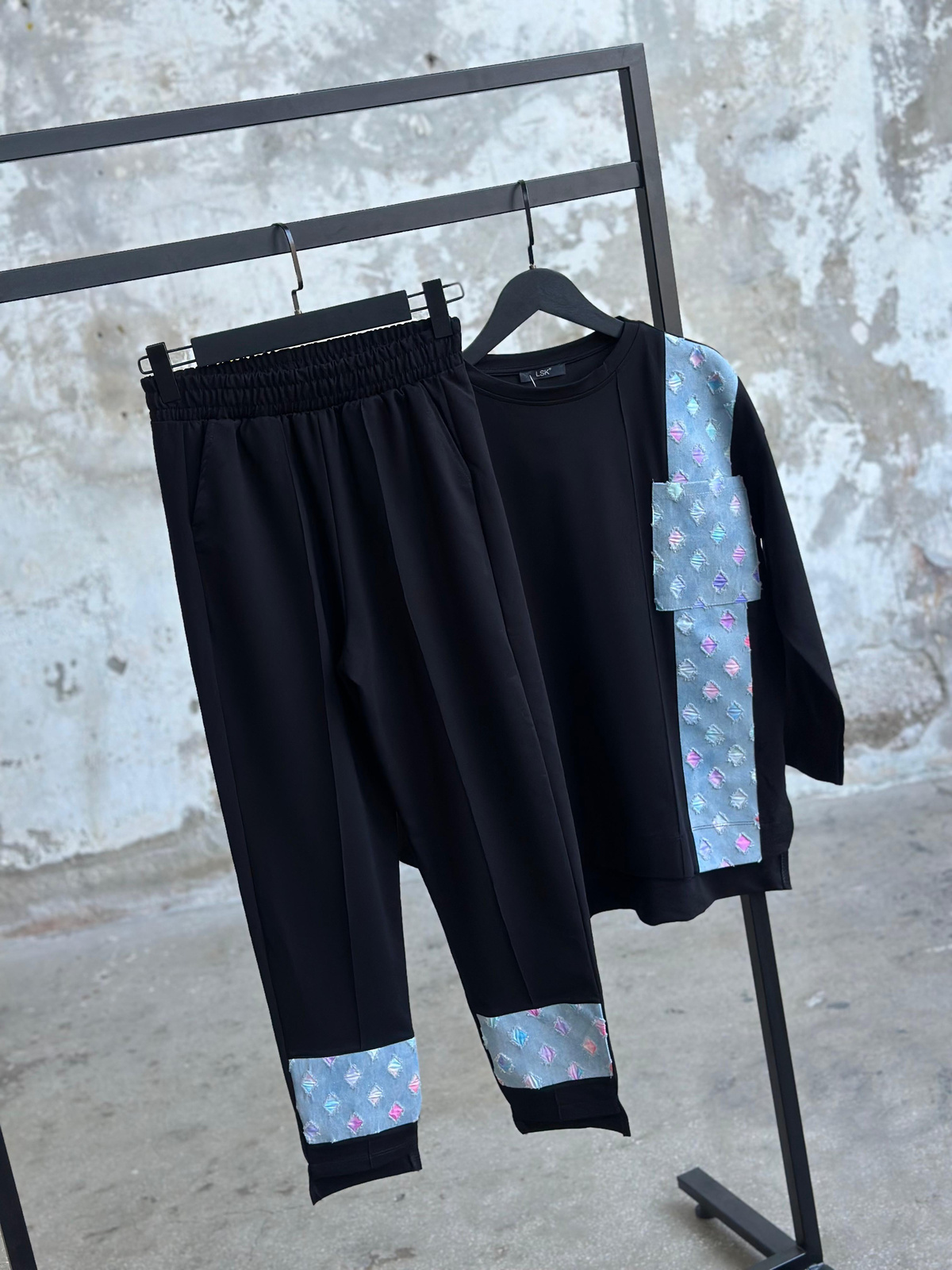 Tasarım Denim Kot Üzerine Renk Geçiş Detaylı Takım (Siyah)