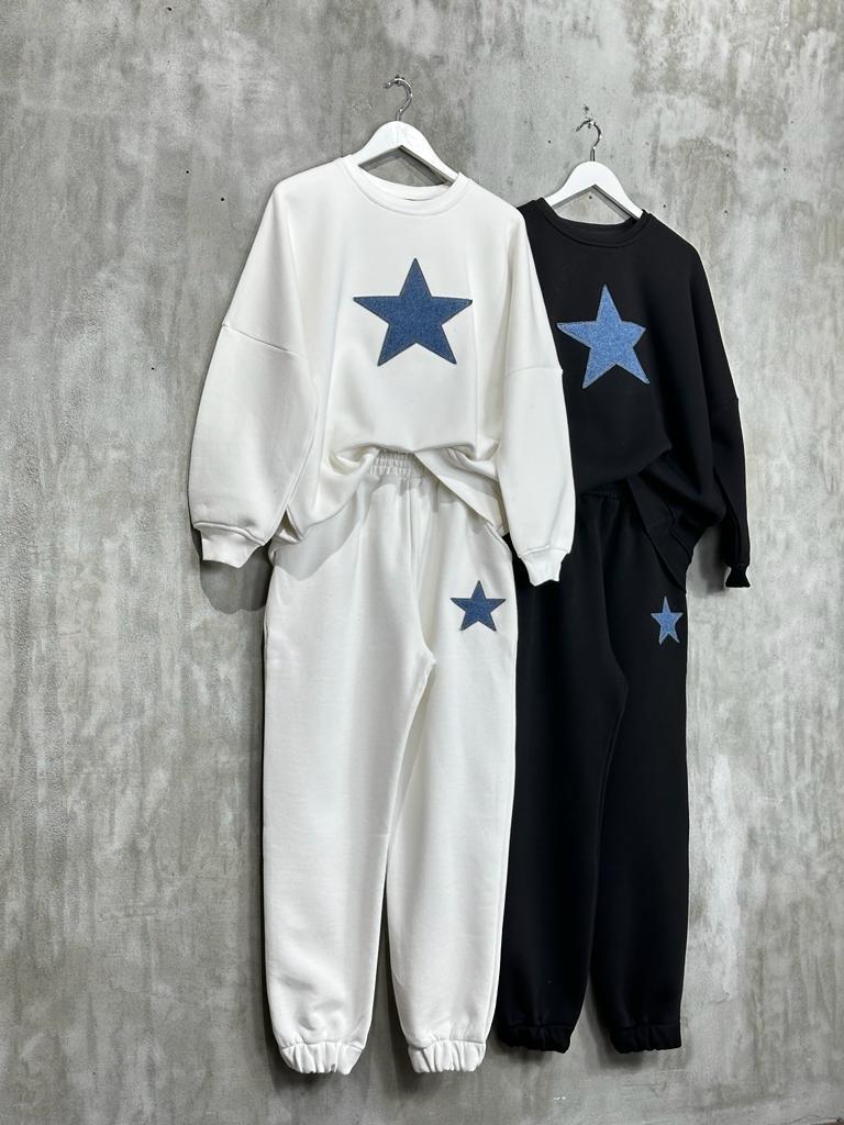 Tasarım Denim Kot Yıldız Desenli Kadın Takım (Siyah)