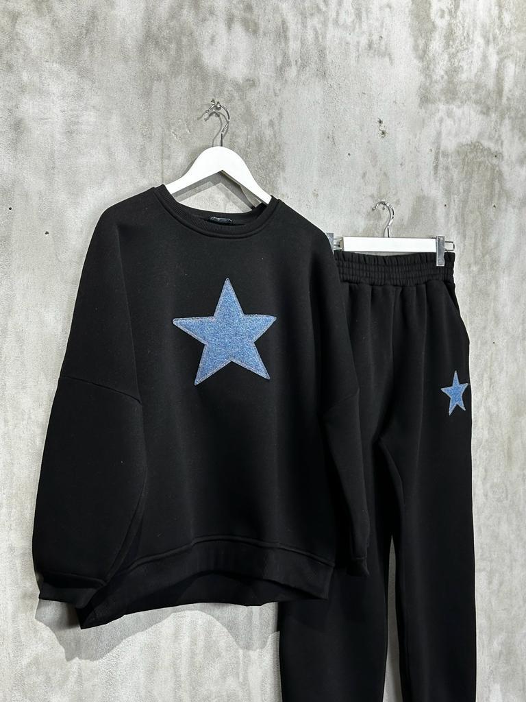 Tasarım Denim Kot Yıldız Desenli Kadın Takım (Siyah)