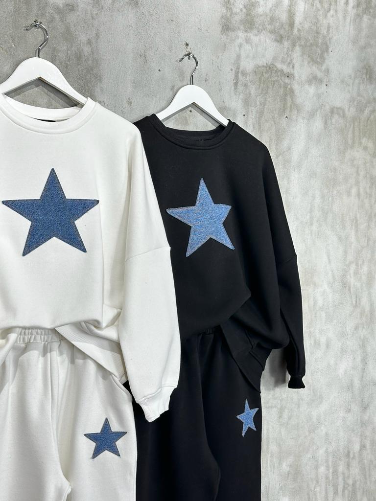 Tasarım Denim Kot Yıldız Desenli Kadın Takım (Siyah)
