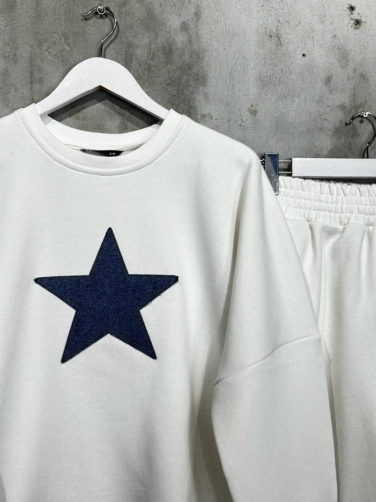 Tasarım Denim Kot Yıldız Desenli Kadın Takım (Beyaz)