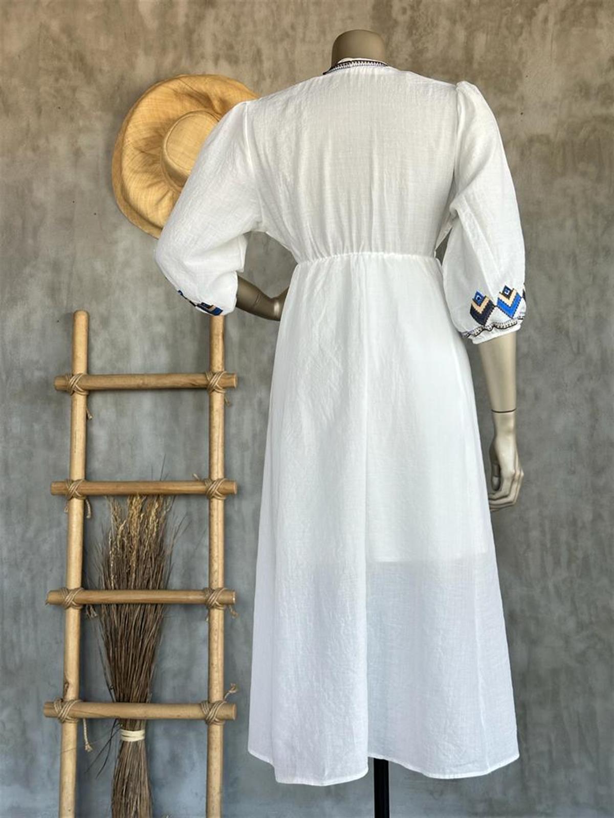 Tasarım Full Mavi Nakış İşçilikli Elbise (Naturel)