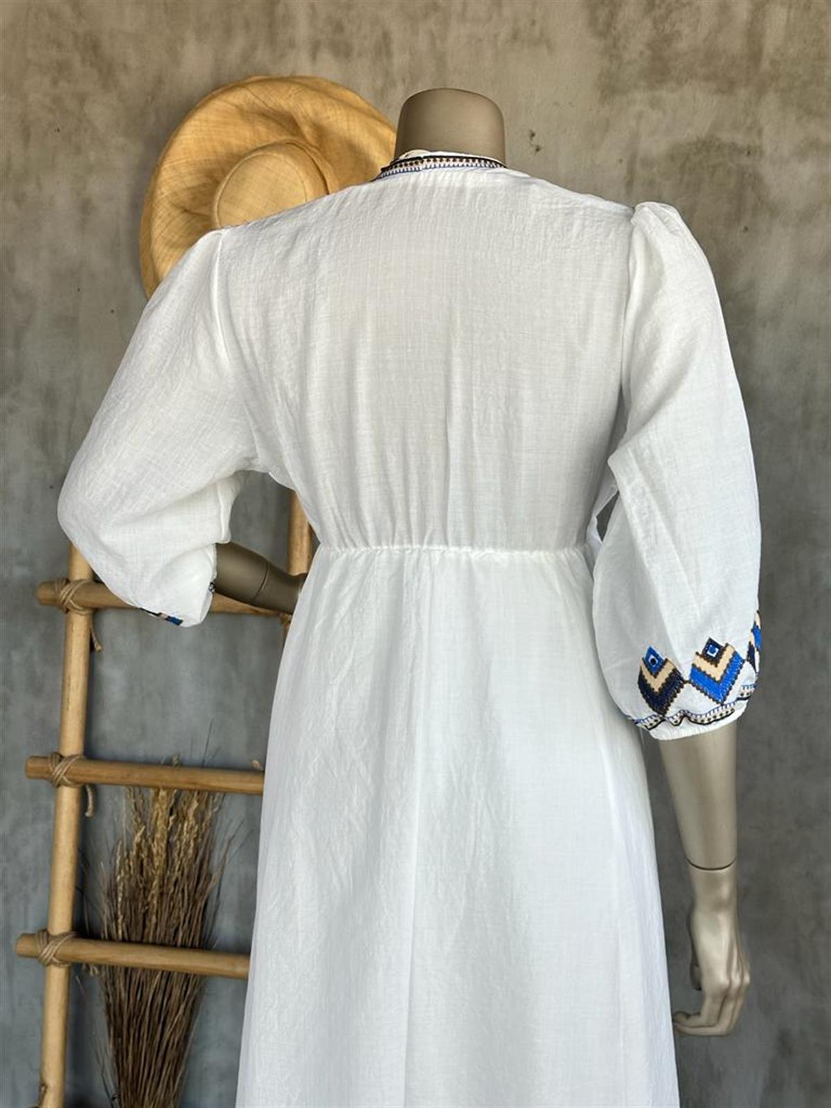 Tasarım Full Mavi Nakış İşçilikli Elbise (Naturel)