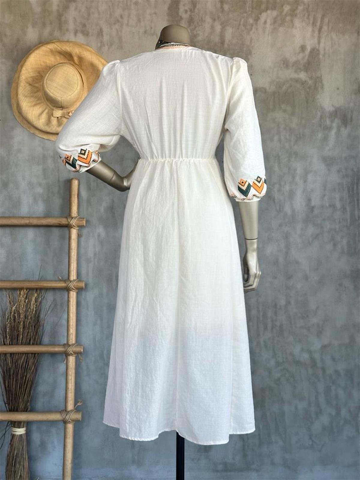 Tasarım Full Oranj Nakış İşçilikli Elbise (Naturel)