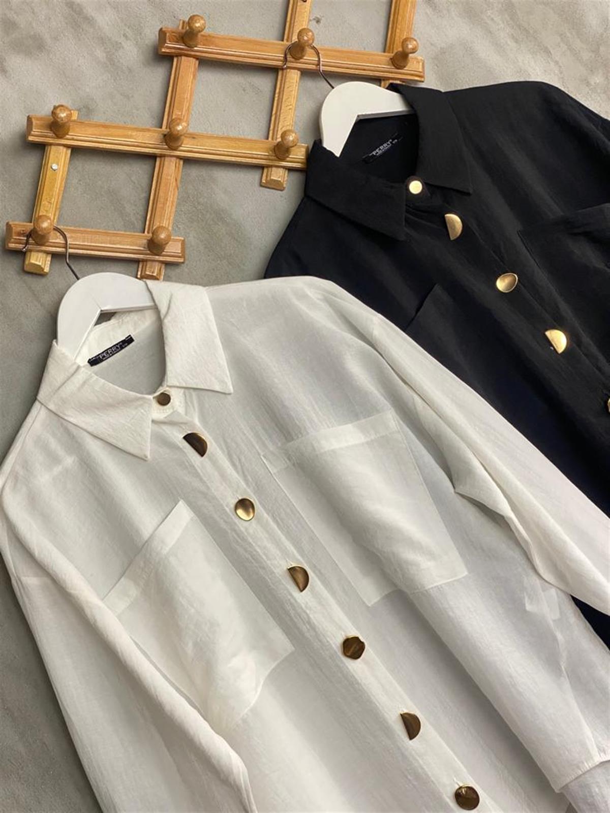 Tasarım Gold Düğmeli Paraşüt Kumaş Gömlek (Siyah/Beyaz)