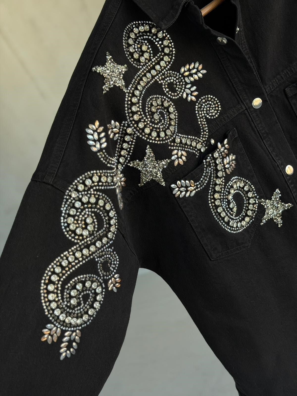 Tasarım İri Kristal Taş İşlemeli Denim Gömlek(Siyah)