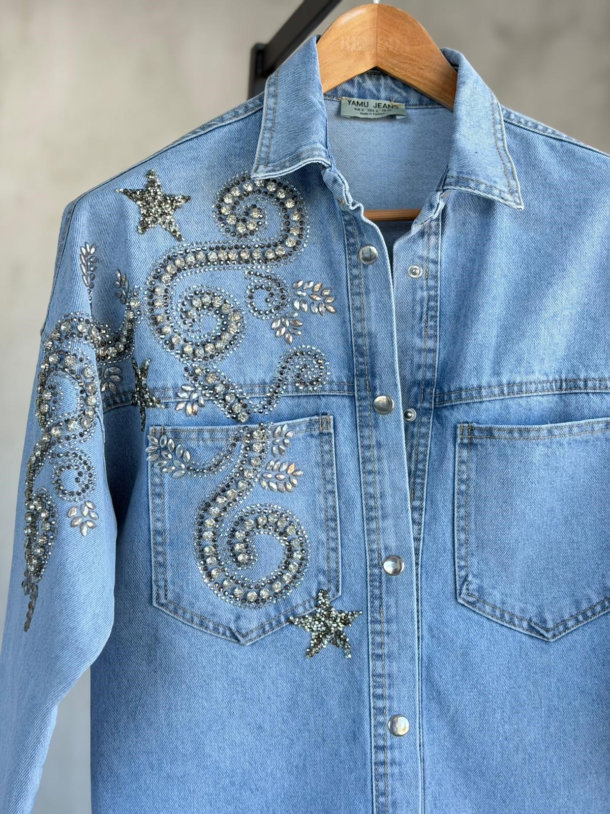 Tasarım İri Kristal Taş İşlemeli Denim Gömlek(Mavi)