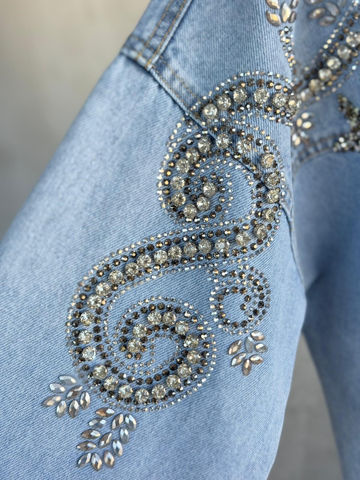 Tasarım İri Kristal Taş İşlemeli Denim Gömlek(Mavi)