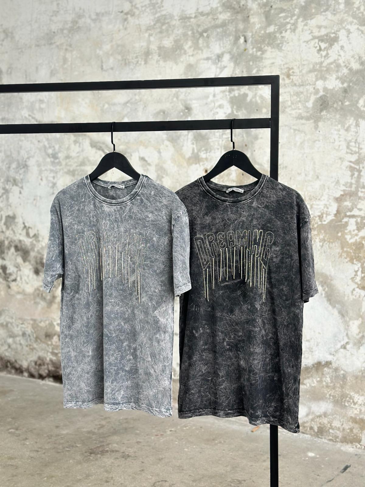 Tasarım Kristal Taş Salkımlı T-Shirt (Açık Gri Melanj)