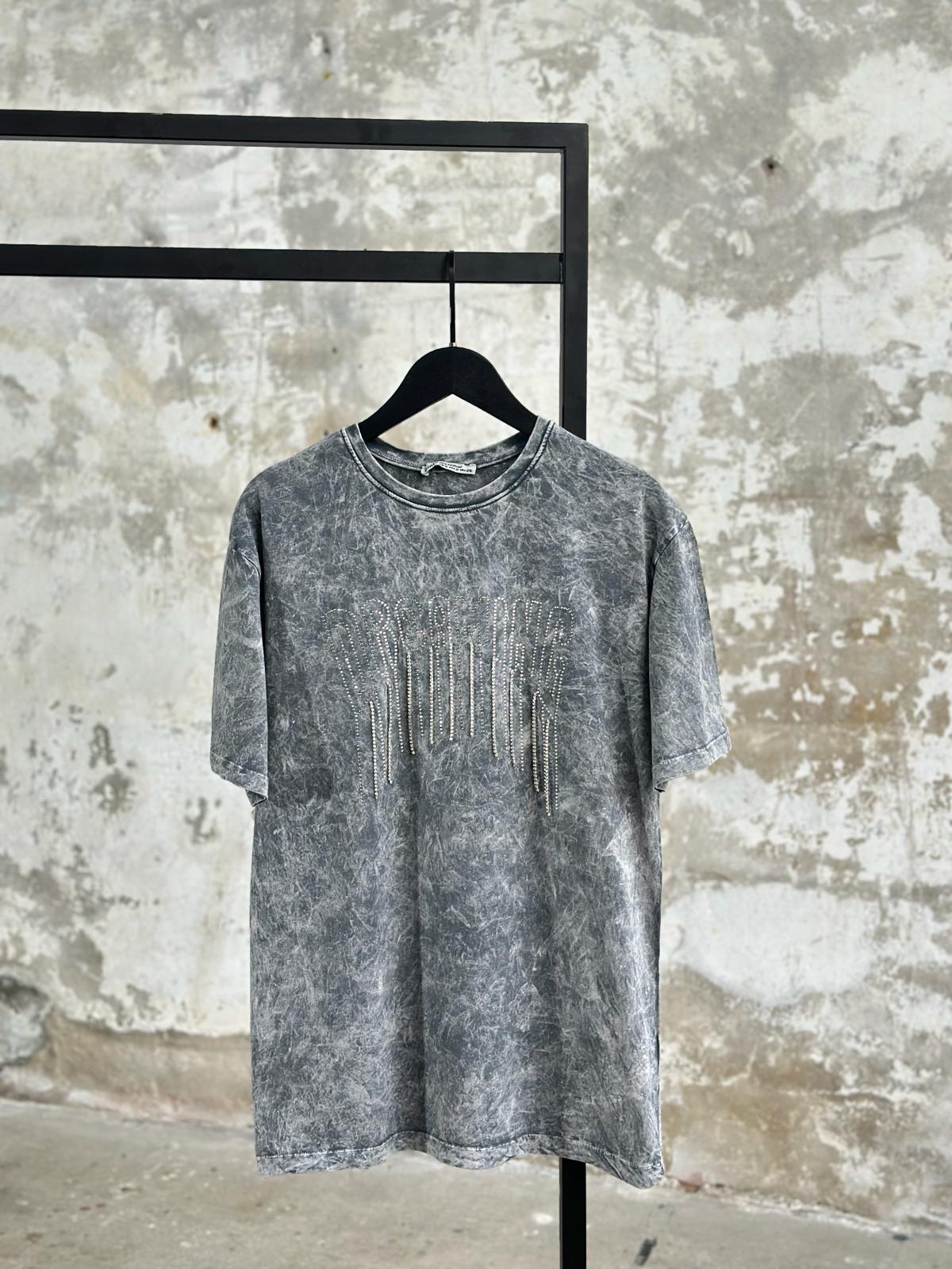 Tasarım Kristal Taş Salkımlı T-Shirt (Açık Gri Melanj)