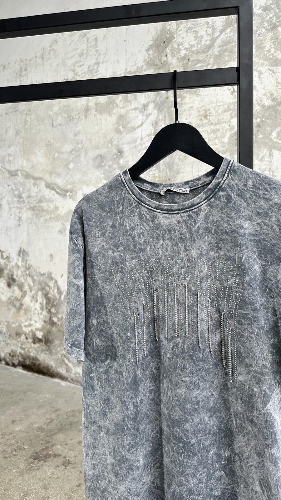 Tasarım Kristal Taş Salkımlı T-Shirt (Açık Gri Melanj)