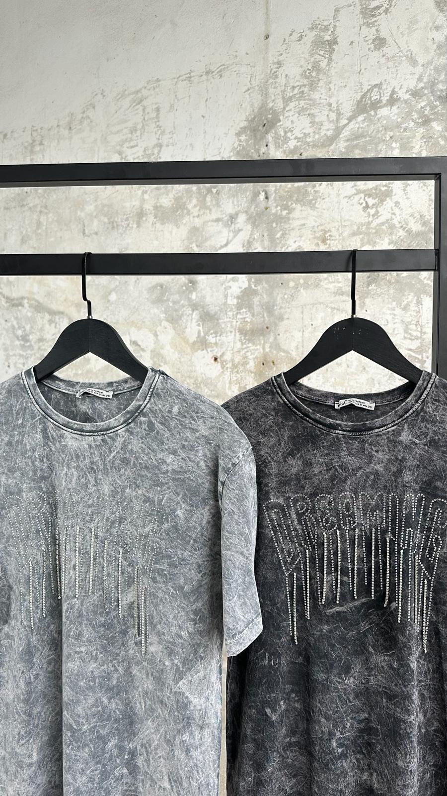 Tasarım Kristal Taş Salkımlı T-Shirt (Koyu Gri Melanj)