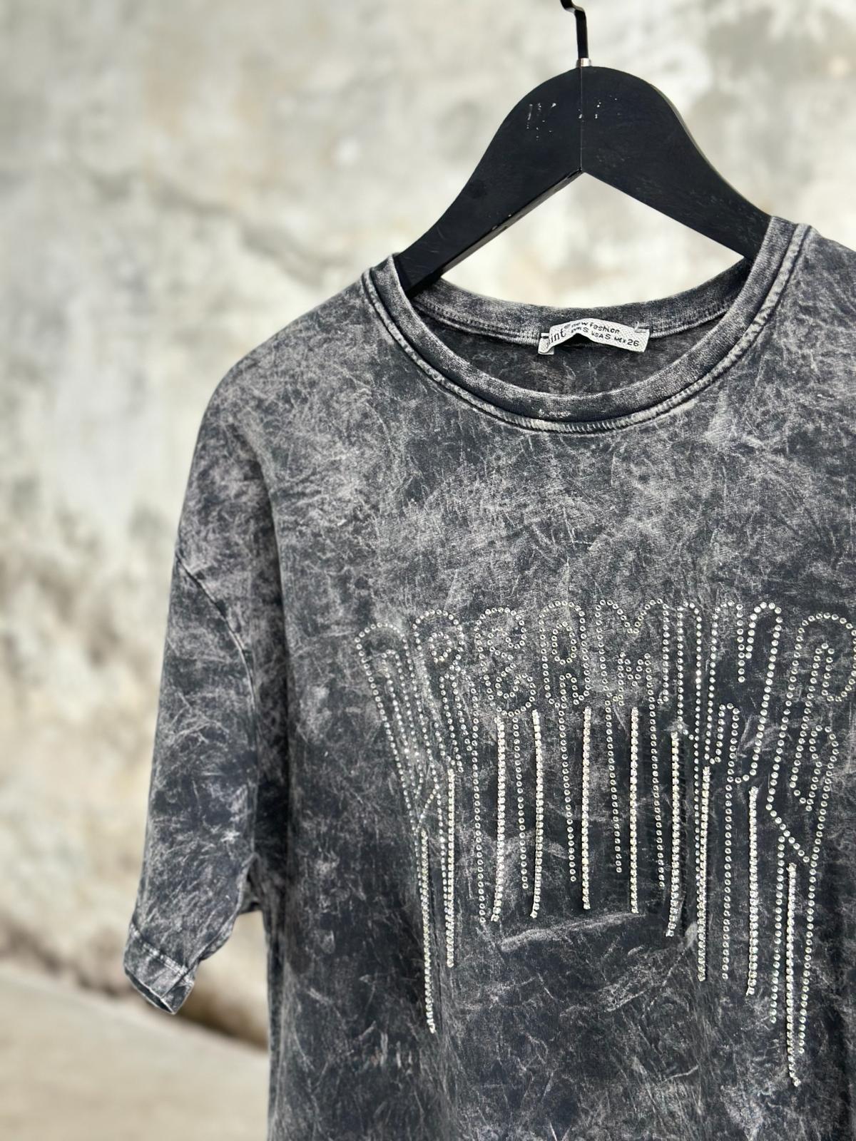 Tasarım Kristal Taş Salkımlı T-Shirt (Koyu Gri Melanj)