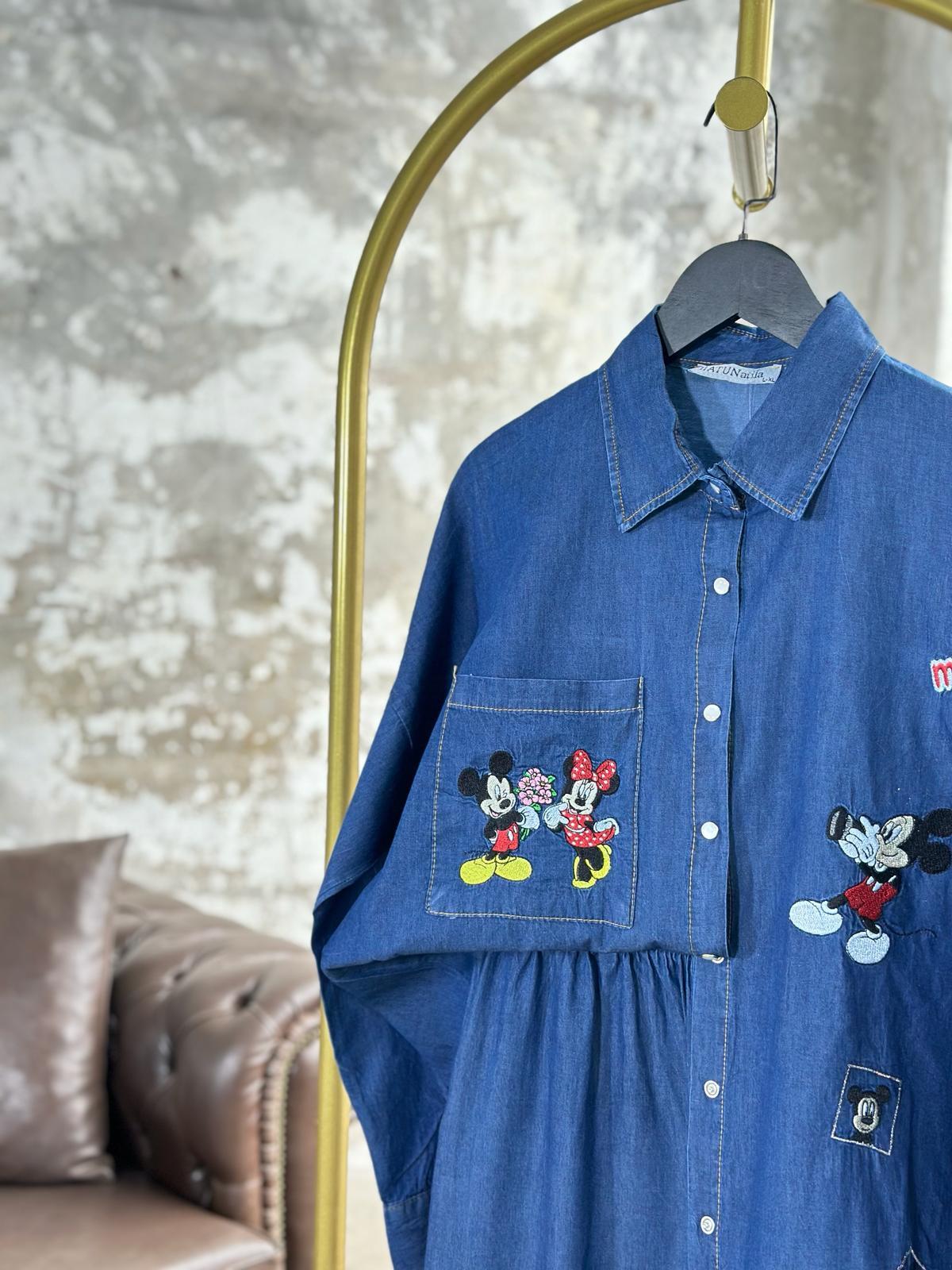 Tasarım Mickey Nakış İşlemeli Denim Takım (Mavi)