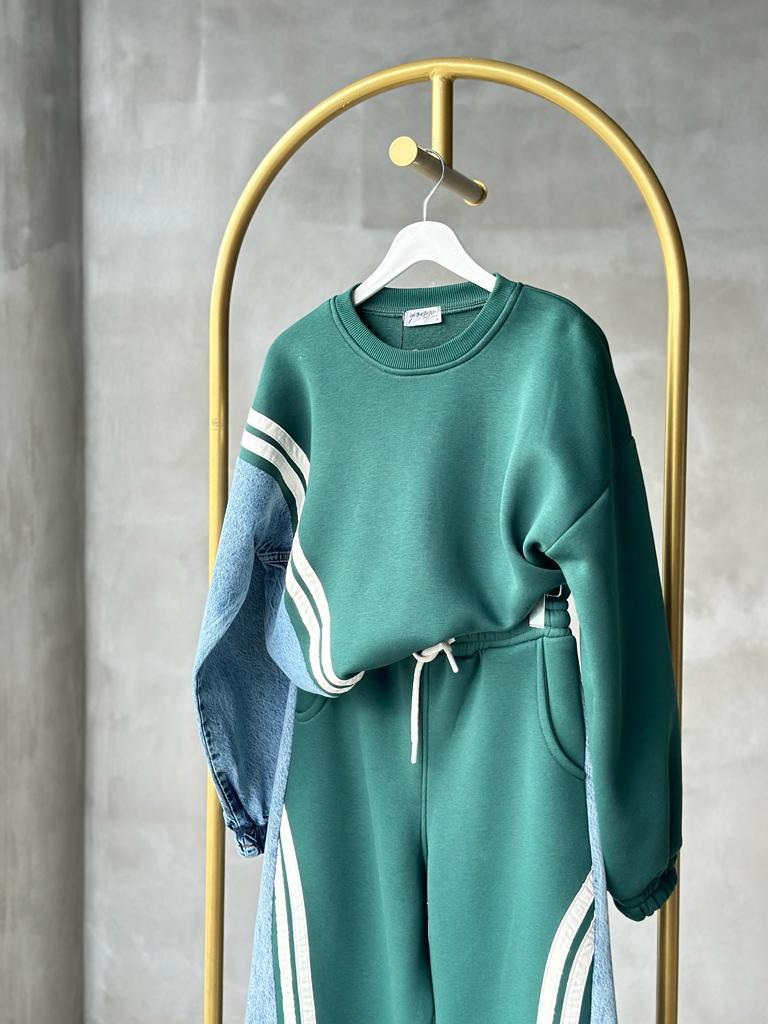 Tasarım Model Denim Kot Detay Şeritli Takım (Yeşil)