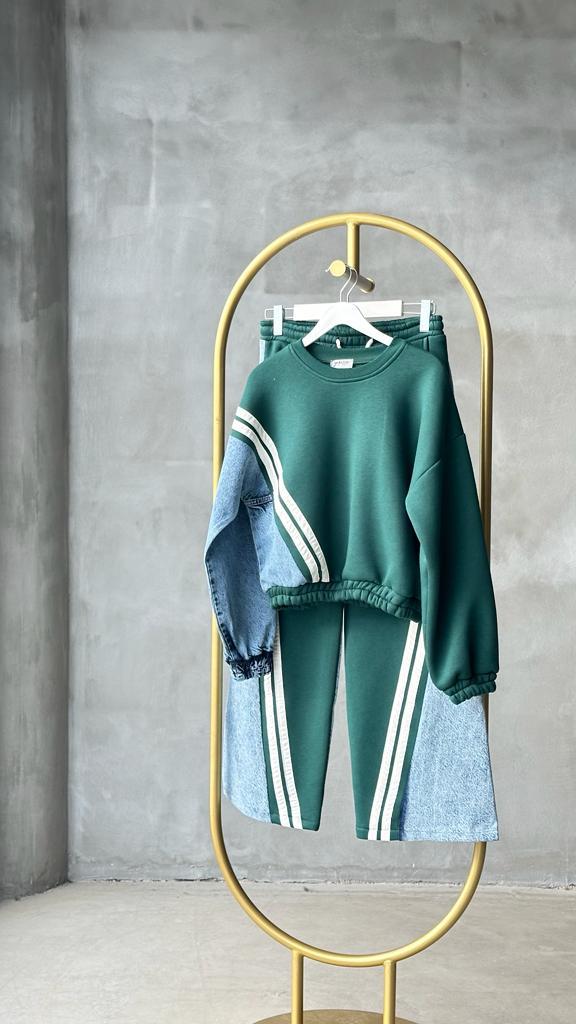 Tasarım Model Denim Kot Detay Şeritli Takım (Yeşil)