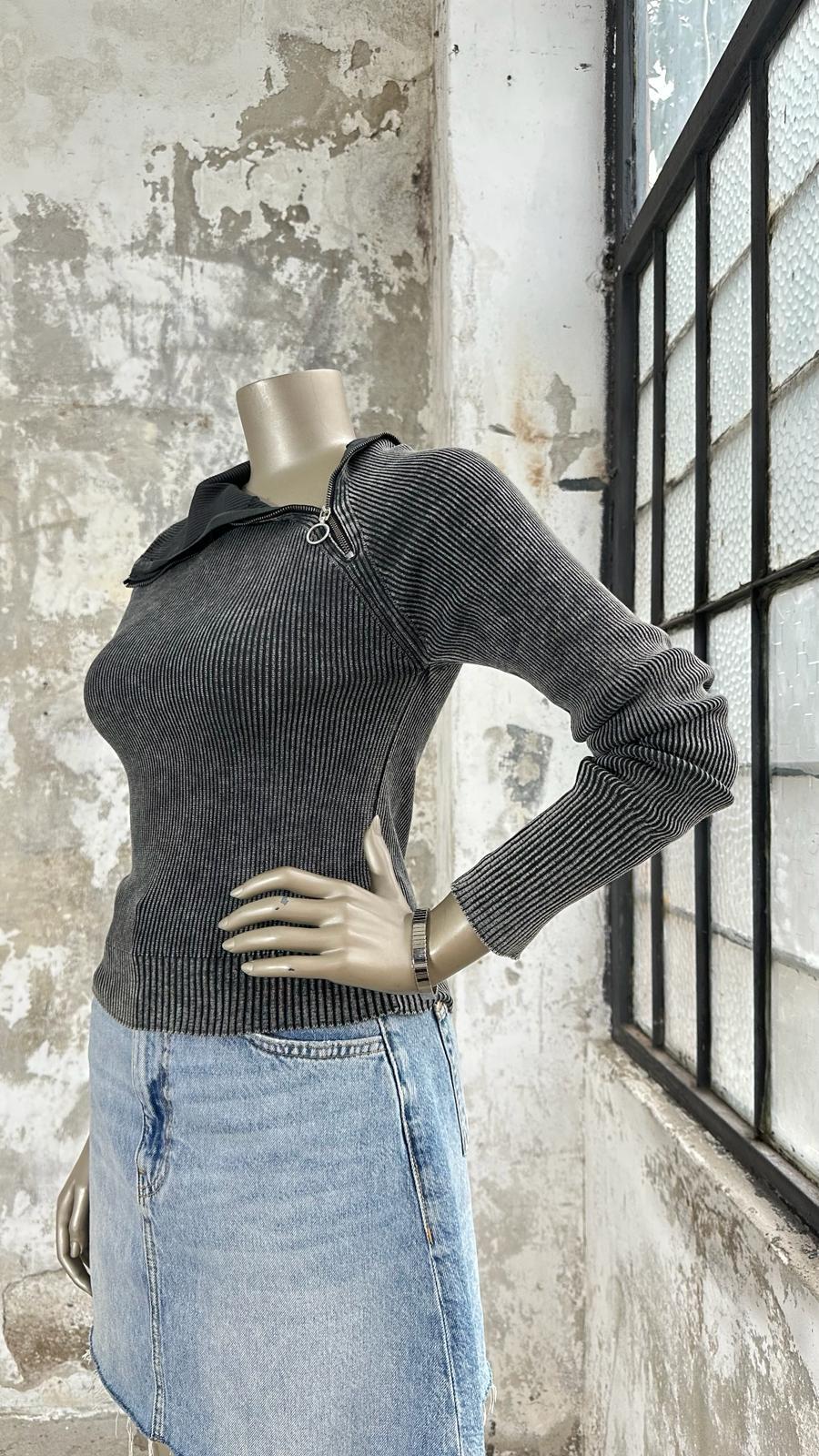 Tasarım Model Fitilli Boğazdan Fermuar Detaylı Bluz (Antrasit) 