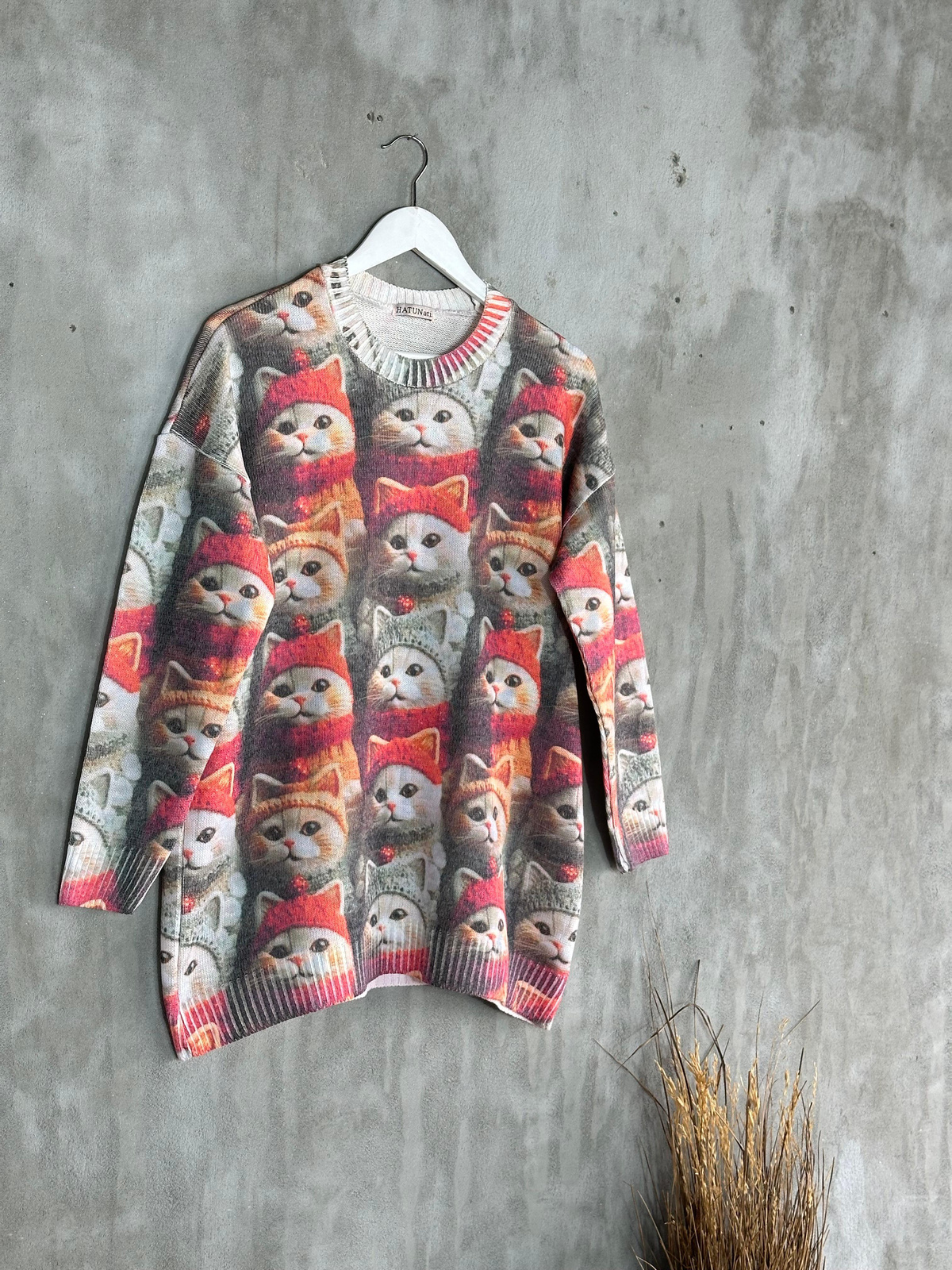 Tasarım Model Kedi Desenli Tunik Kazak (Karışık Renk)