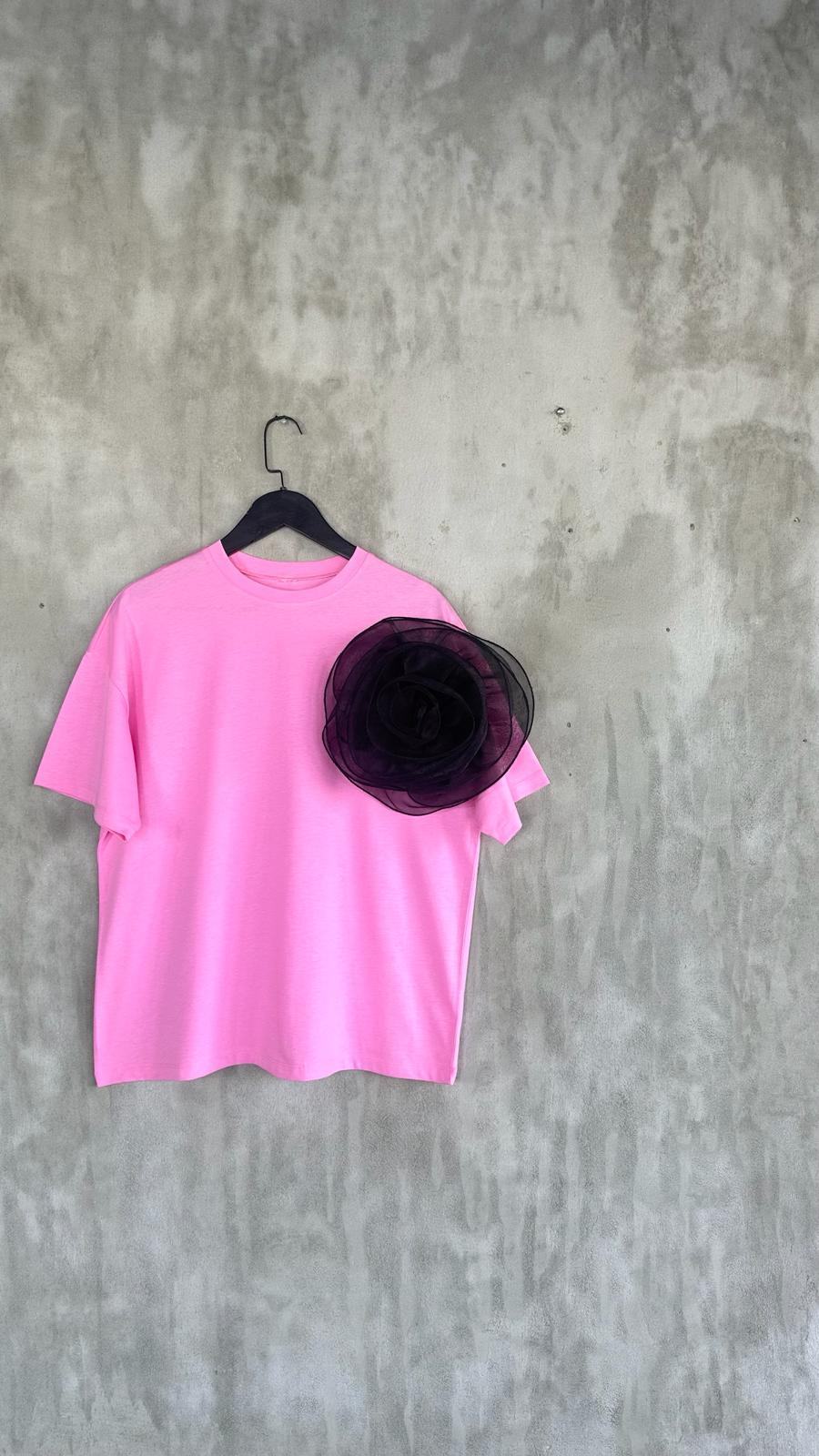 Tasarım Model Organze Kumaş Çiçekli Tişört (Pembe)