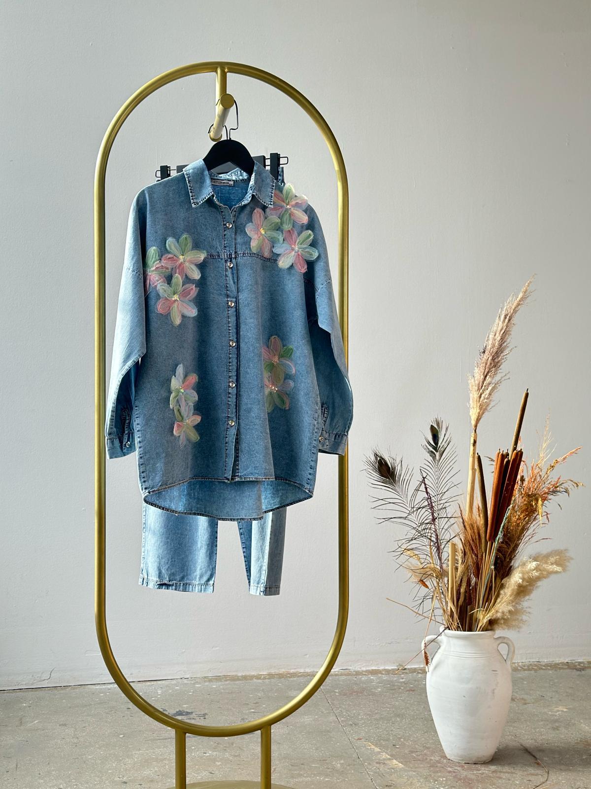 Tasarım Organze Kumaş Çiçek Desenli Denim Takım (Buz Mavisi)