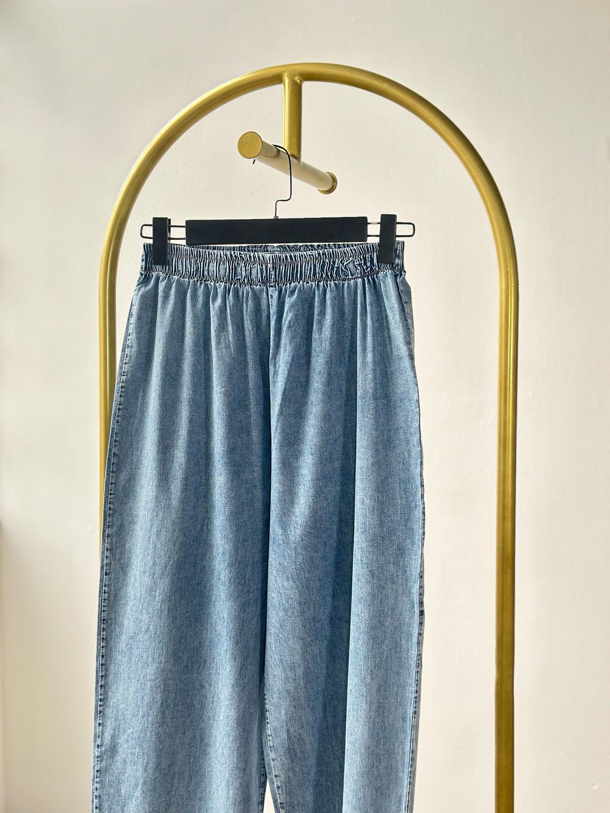 Tasarım Organze Kumaş Çiçek Desenli Denim Takım (Buz Mavisi)
