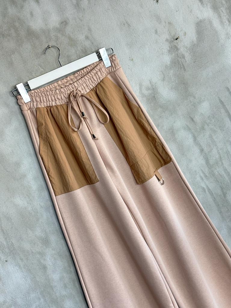 Tasarım Paraşüt Cep Detaylı Bol Paça Pantolon (Bej)