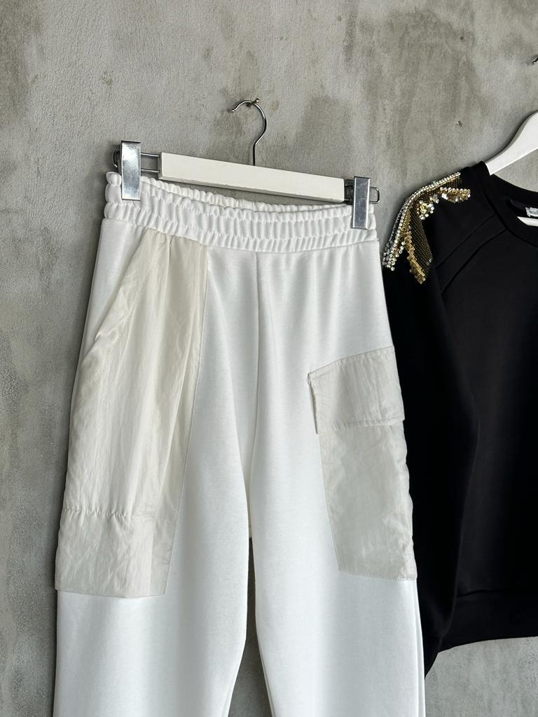 Tasarım Paraşüt Cep Detaylı Şalvar Model Pantolon (Beyaz)