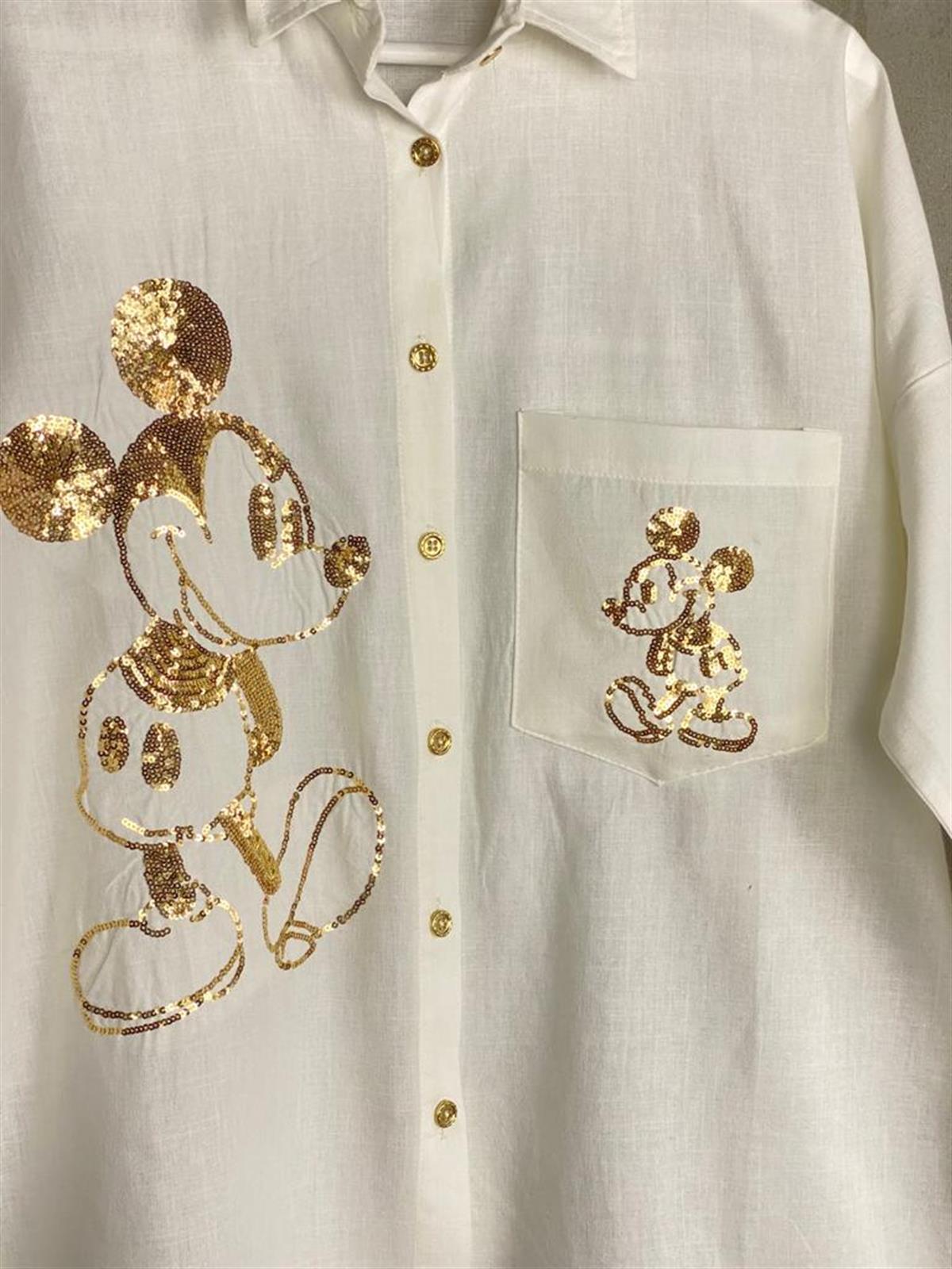 Tasarım Payetli Mickey Desenli Tunik Gömlek (Ekru)