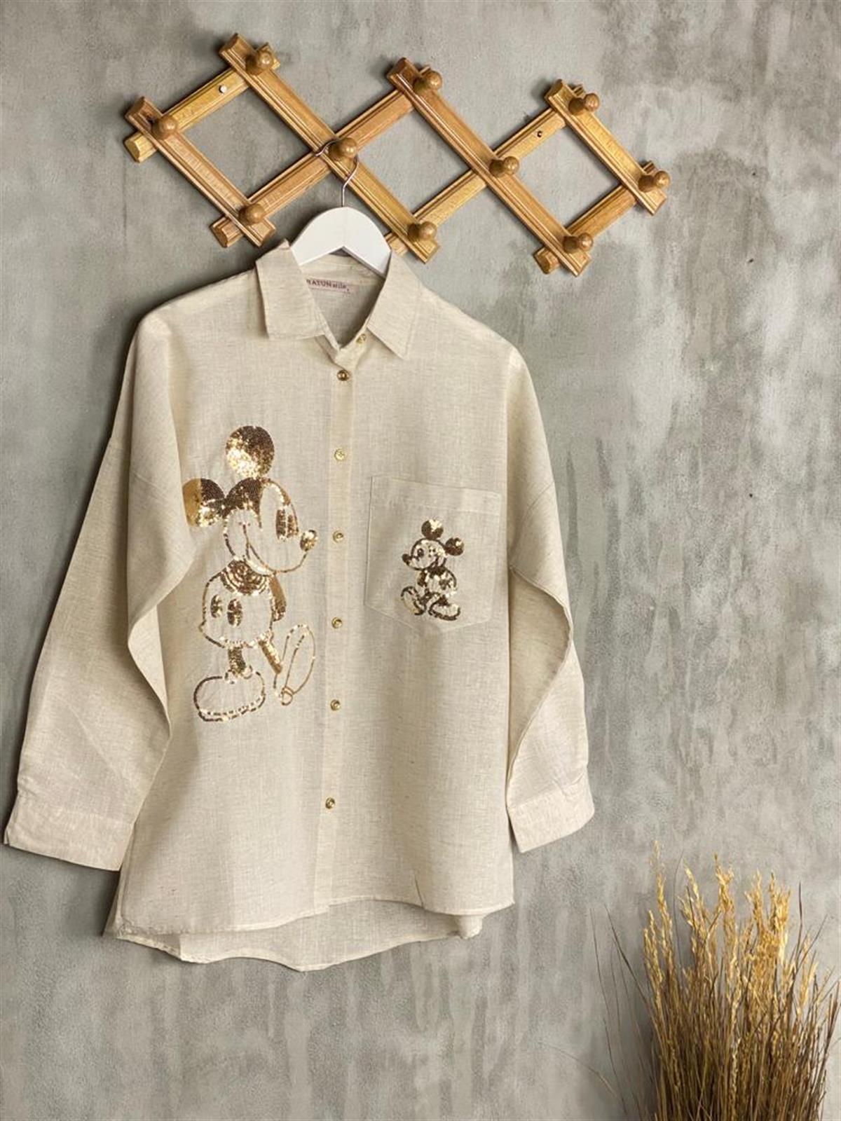 Tasarım Payetli Mickey Desenli Tunik Gömlek (Taş)