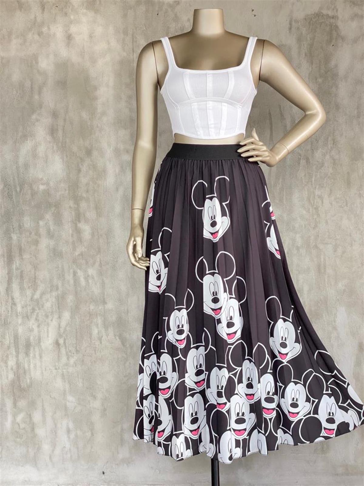 Tasarım Piliseli Mickey Mouse  Desenli Etek (Siyah)
