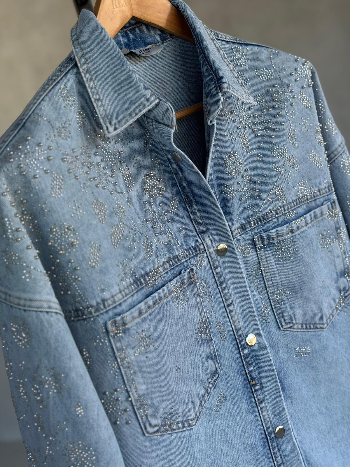 Tasarım Serpme Kristal Taşlı Denim Gömlek(Mavi)