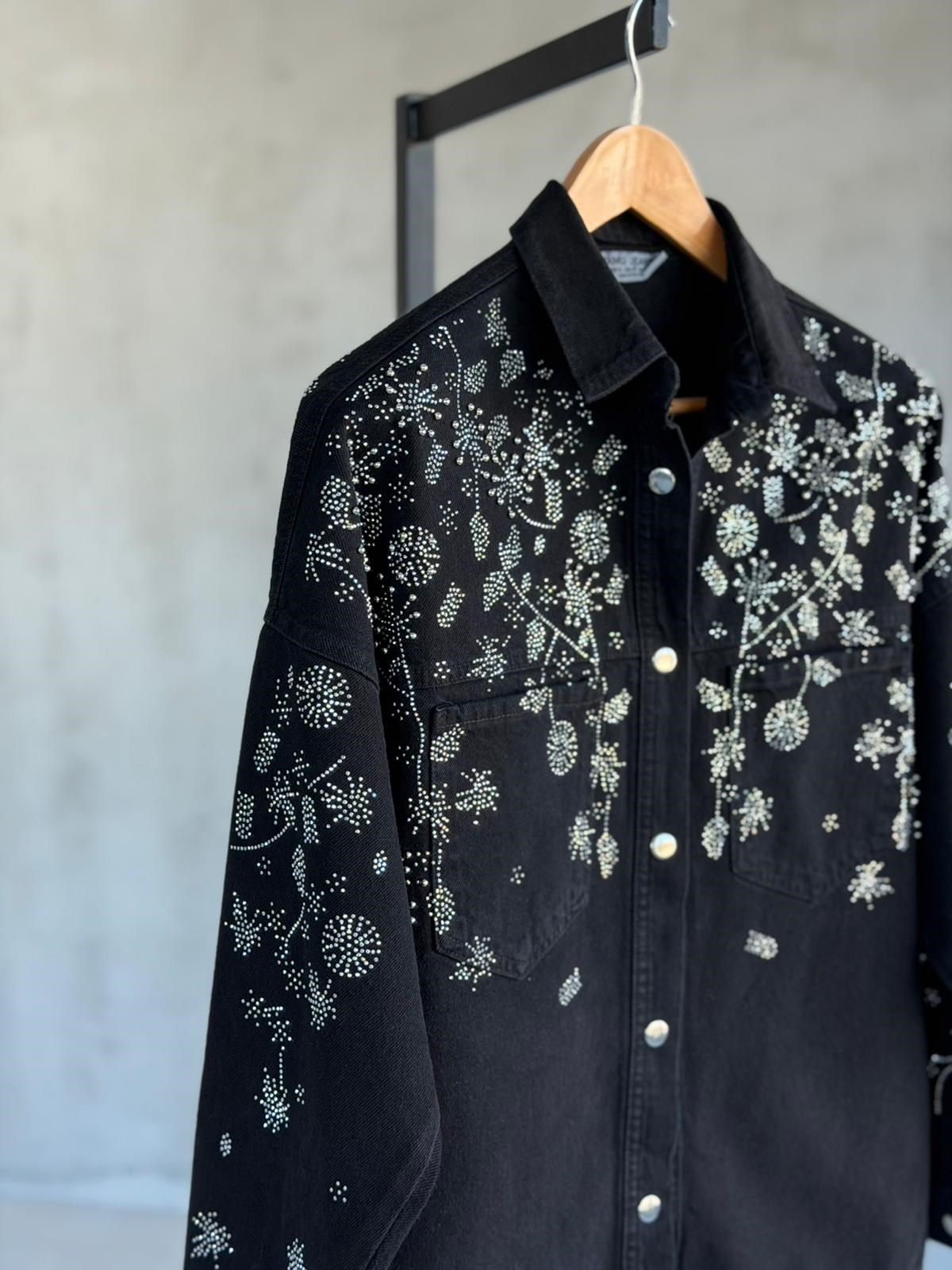 Tasarım Serpme Kristal Taşlı Denim Gömlek(Siyah)