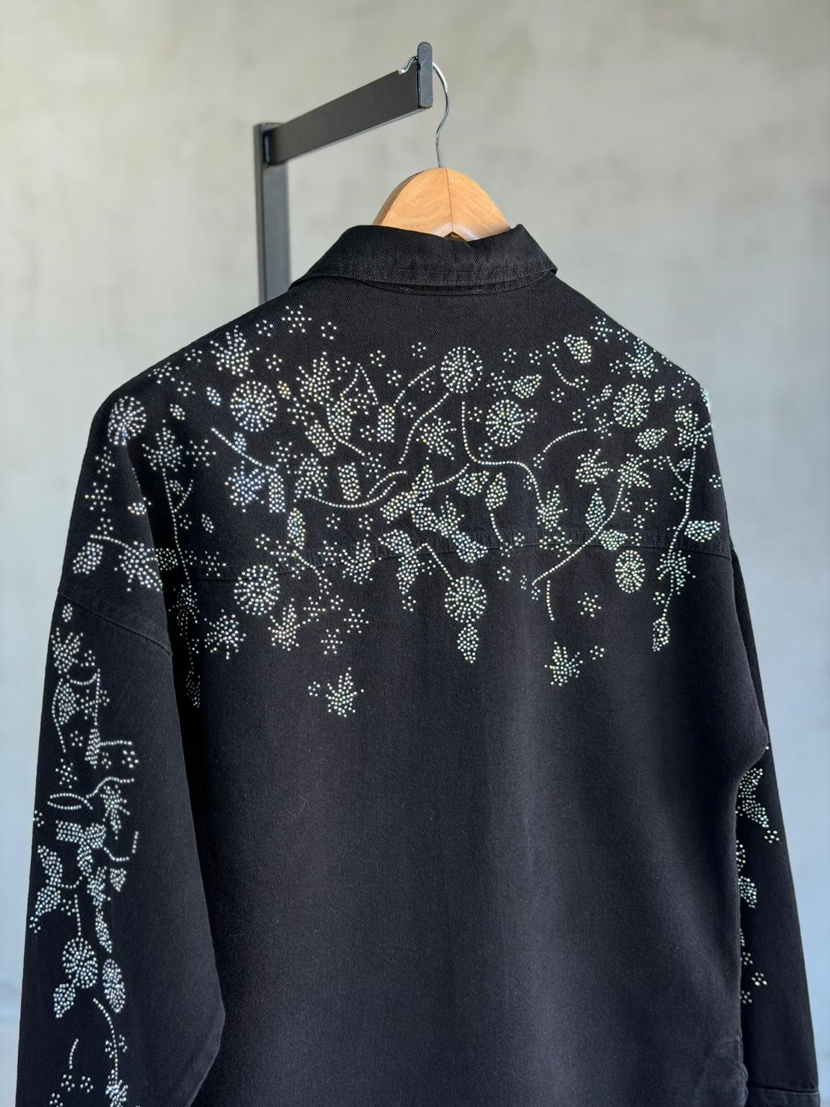 Tasarım Serpme Kristal Taşlı Denim Gömlek(Siyah)