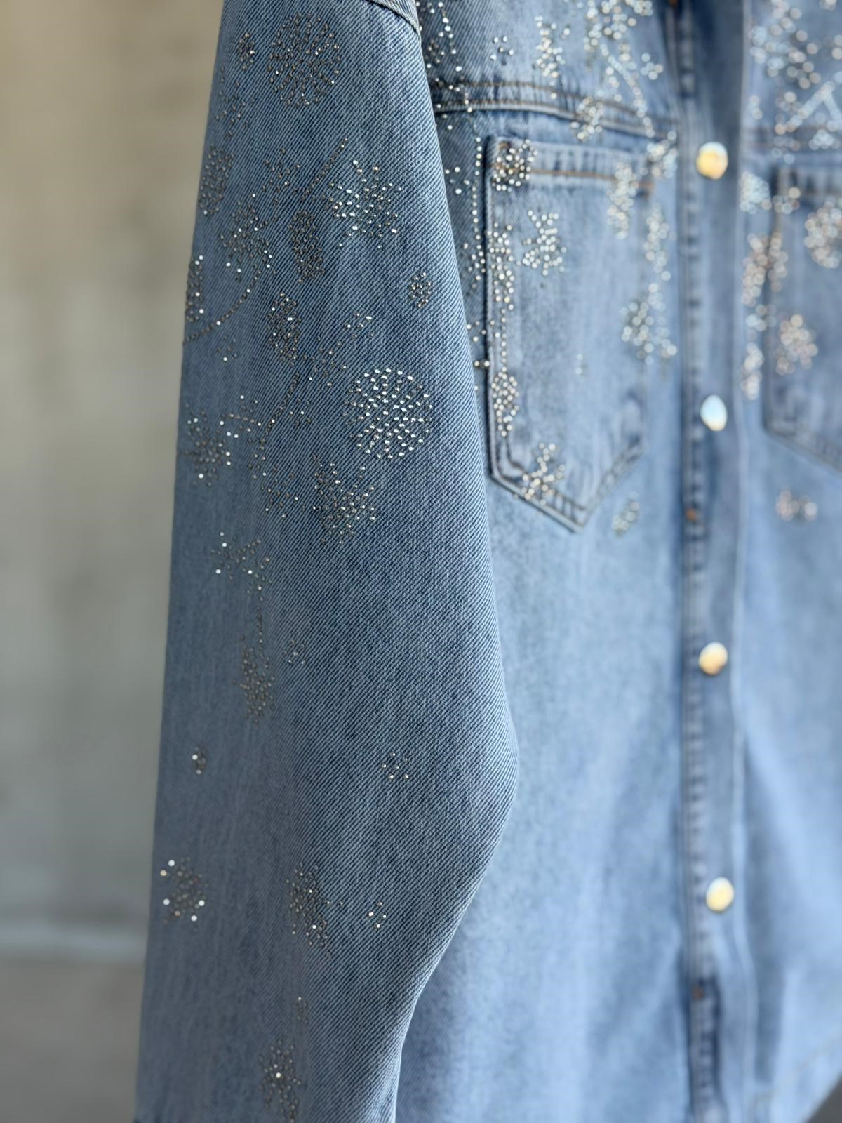 Tasarım Serpme Kristal Taşlı Denim Gömlek(Mavi)