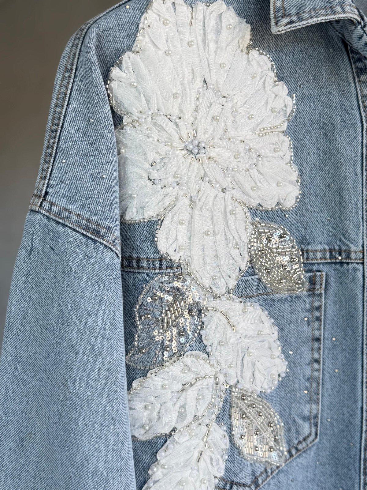 Tasarım Serpme Kristal Taşlı Denim Gömlek(Mavi)