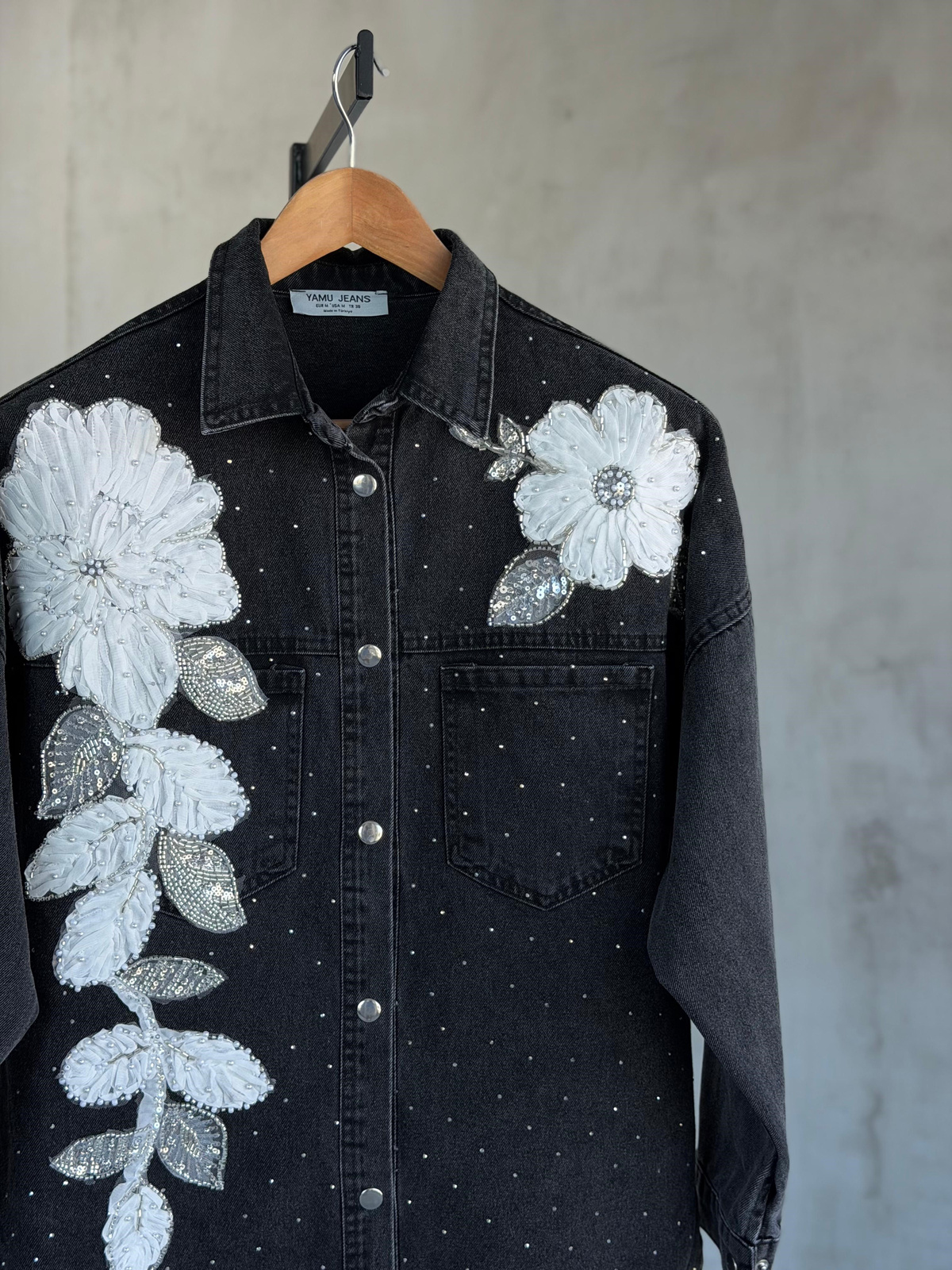 Tasarım Serpme Kristal Taşlı Denim Gömlek(Siyah)