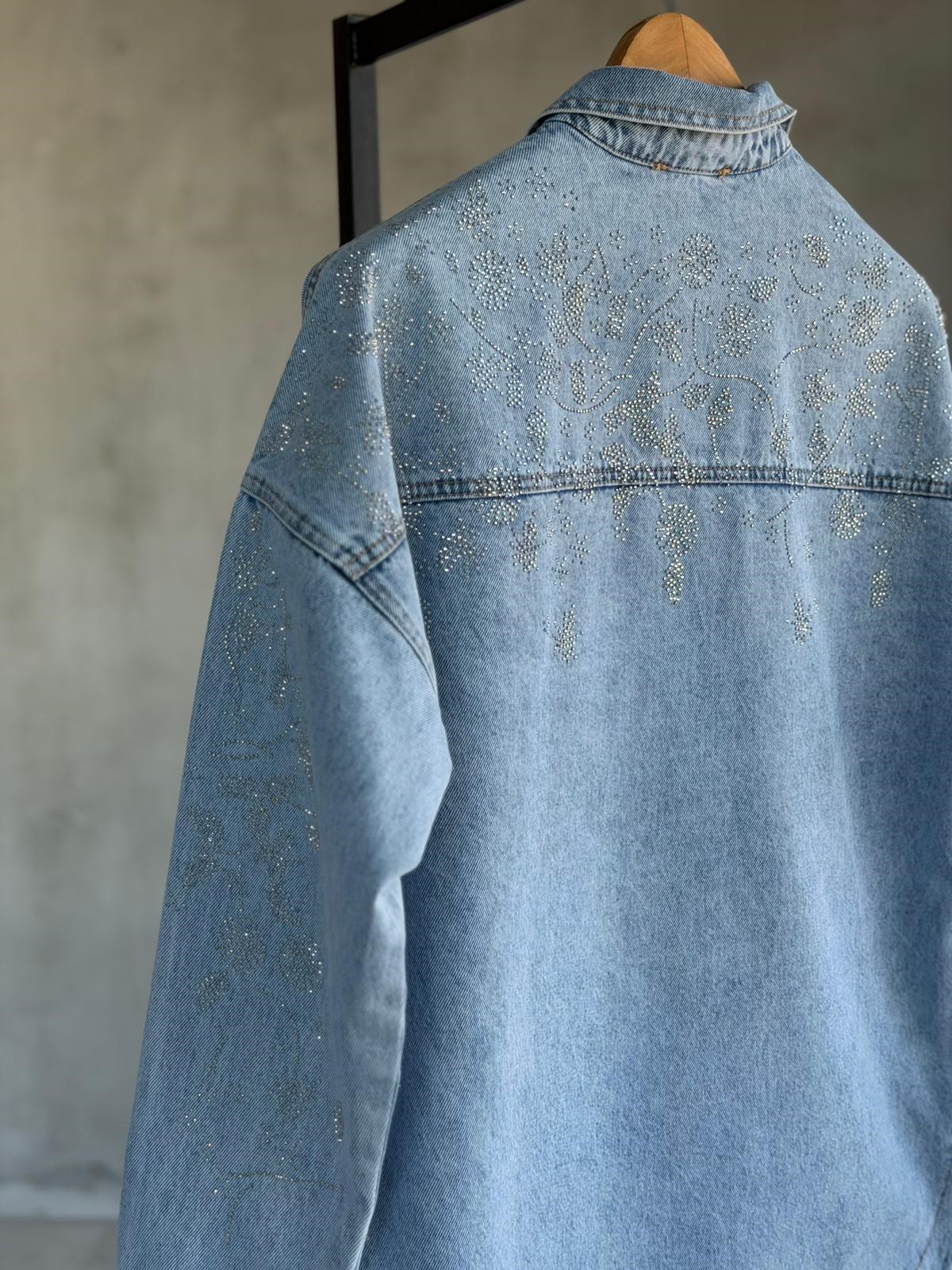 Tasarım Serpme Kristal Taşlı Denim Gömlek(Mavi)