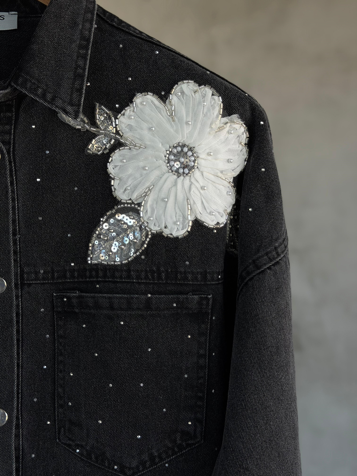 Tasarım Serpme Kristal Taşlı Denim Gömlek(Siyah)
