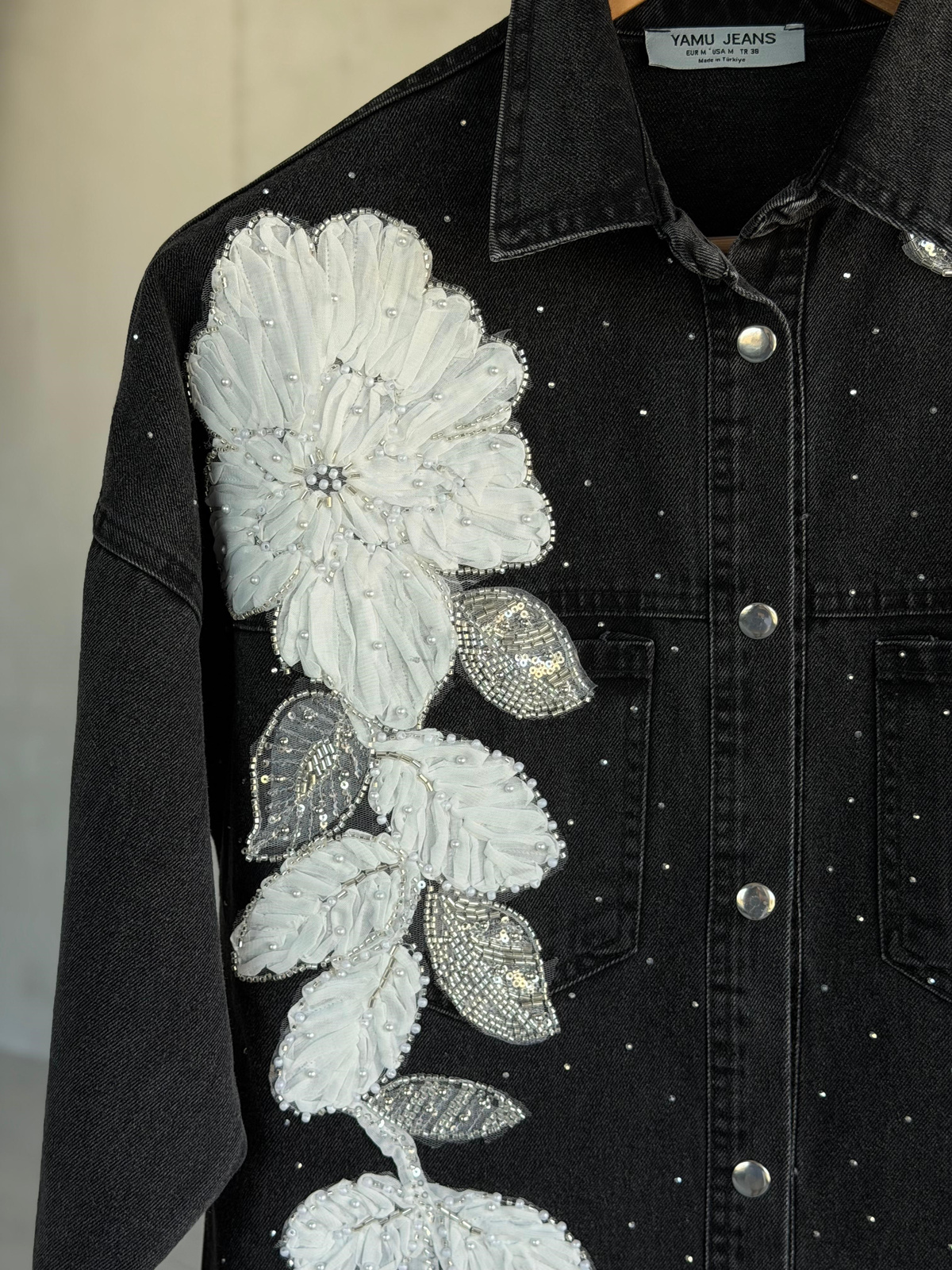 Tasarım Serpme Kristal Taşlı Denim Gömlek(Siyah)