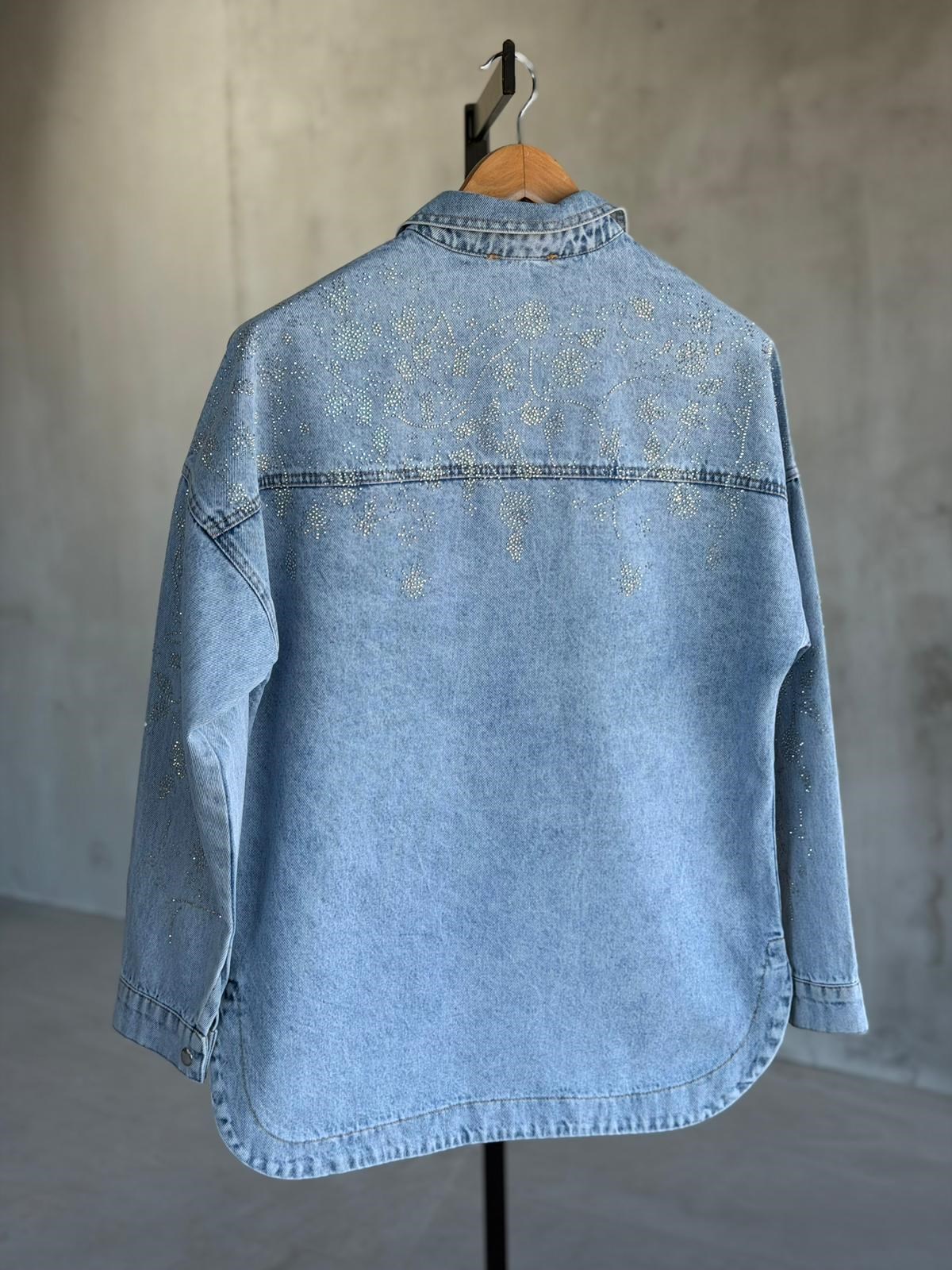 Tasarım Serpme Kristal Taşlı Denim Gömlek(Mavi)