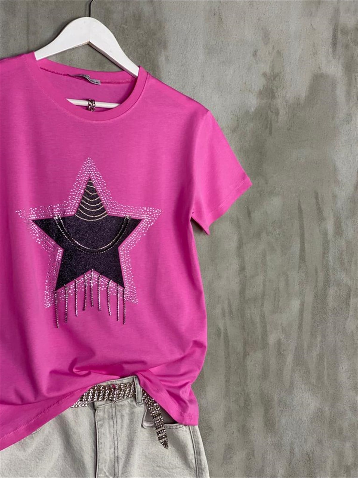 Tasarım Taş İşçilikli Yıldız Desen Tişört (Pembe)